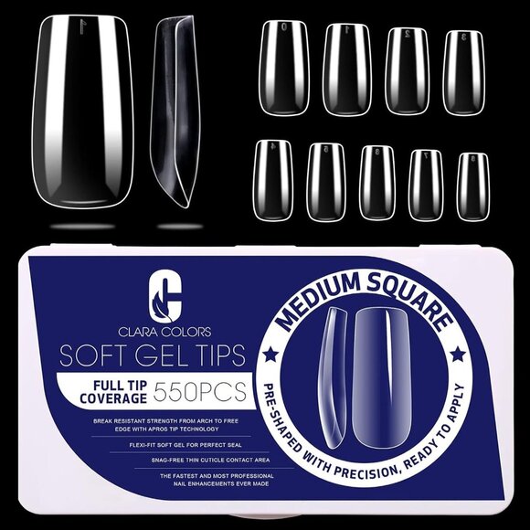 Clara Colours Nail Tips-Full Cover Nails, Clear Acrylic Nail Tips, Med Sq - Picture 1 of 4